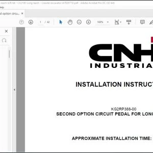 CNH Second option circuit pedal for long reach (LR) kit CX210D Long reach Crawler excavator Installation Instructions Manual
