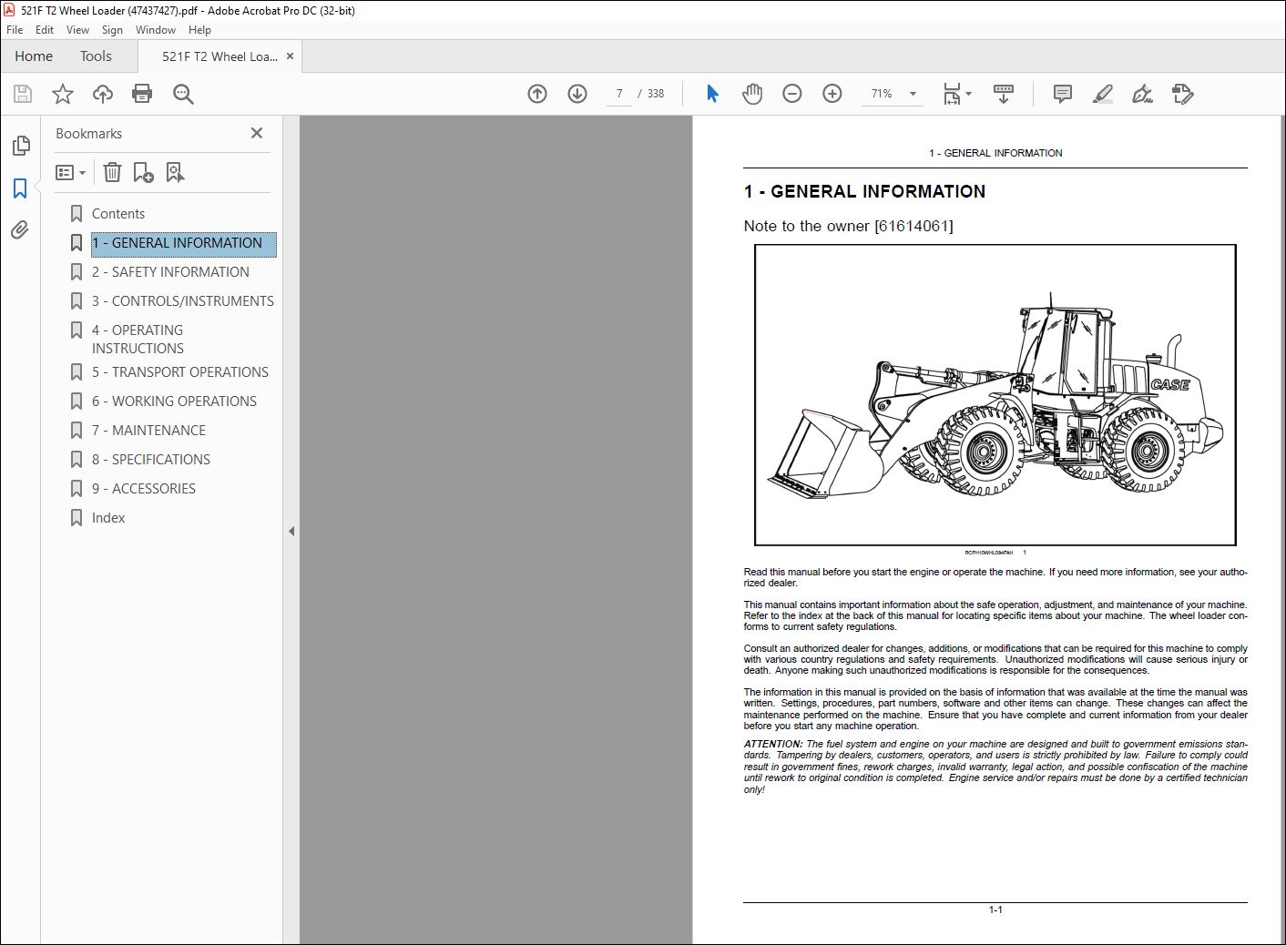 Case 521F Tier II Wheel Loader Operator's Manual 47437427 - PDF ...