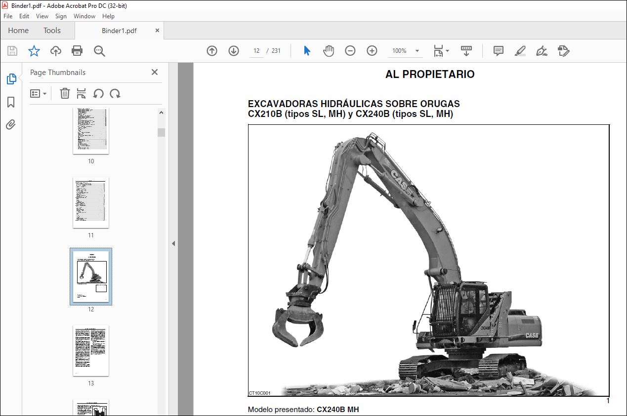 Case CX210B-MH CX210B-SL CX240B-MH CX240B-SL Excavadoras Sobre Orugas ...