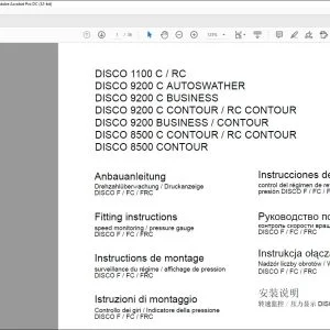 Claas Mowers DISCO 1100 C  RC 9200 C AUTOSWATHER 9200 C BUSINESS 9200 C CONTOUR  RC CONTOUR 9200 BUSINESS  CONTOUR 8500 C CONTOUR  RC CONTOUR speed monitoring  pressure gauge DISCO F  FC  FRC Fitting Instructions Manual_DE_EN_FR_ES_IT_RU