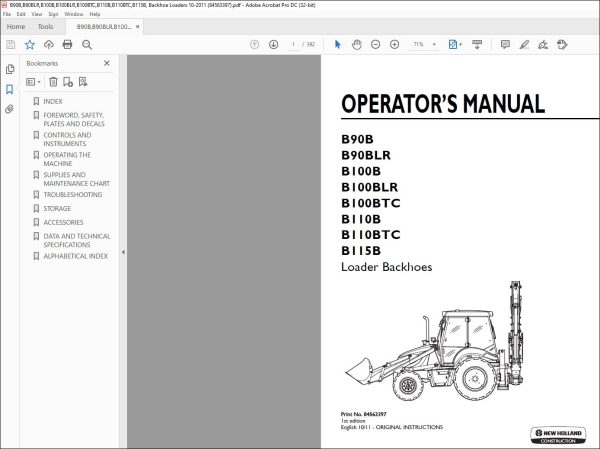 New Holland B90B B90BLR B100B B100BLR B100BTC B110B B110BTC B115B ...