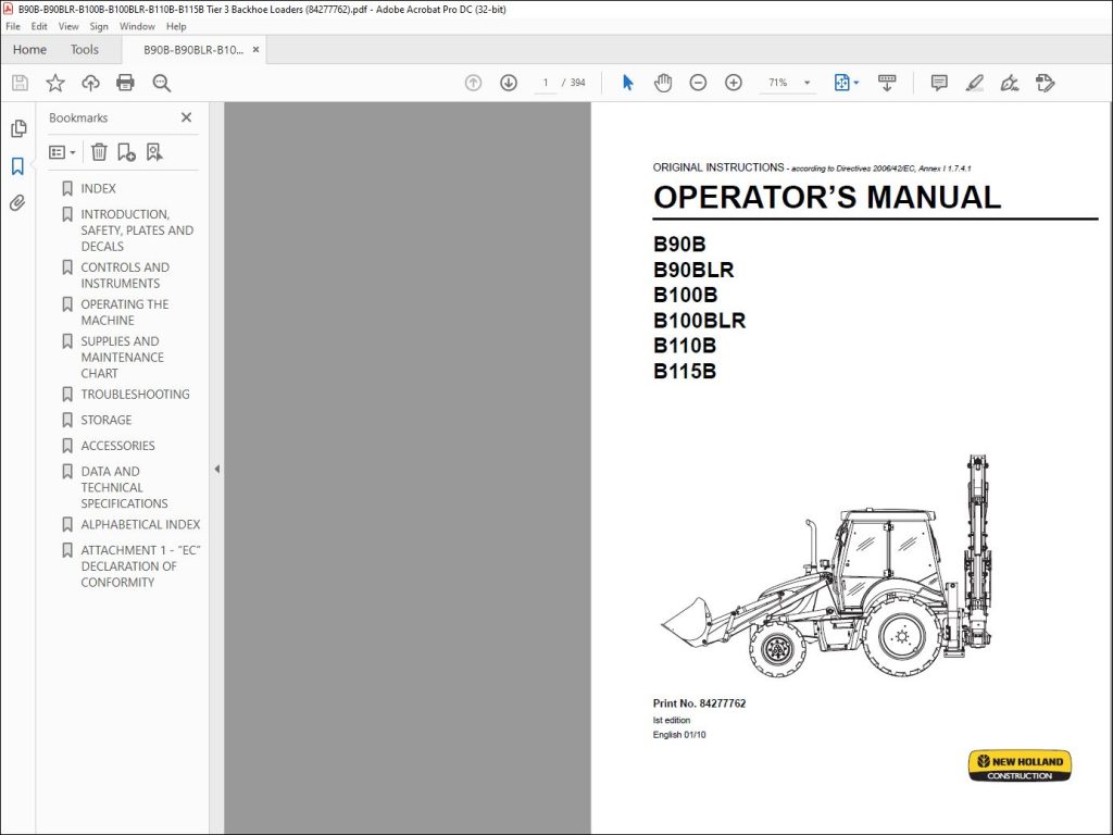 New Holland B90B B90BLR B100B B100BLR B110B B115B Backhoe Loaders ...