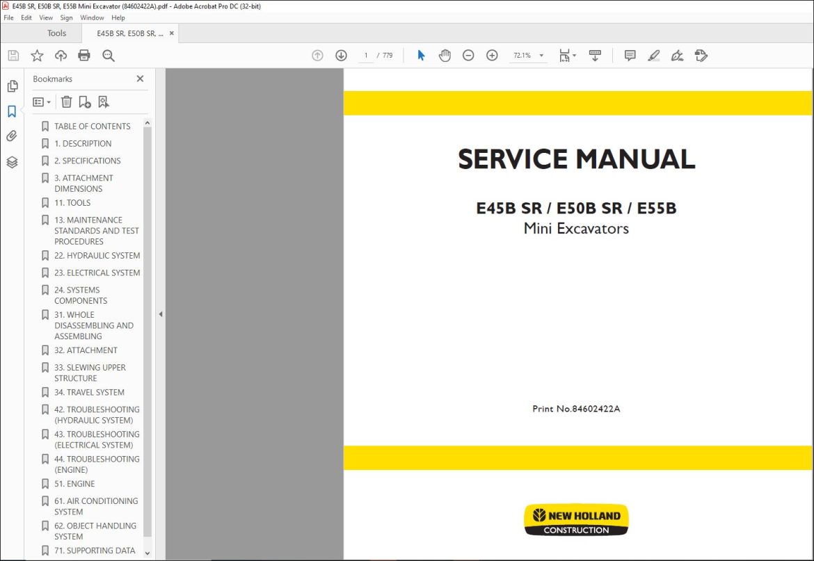 New Holland E45B SR E50B SR E55B Mini Excavators Service Manual ...