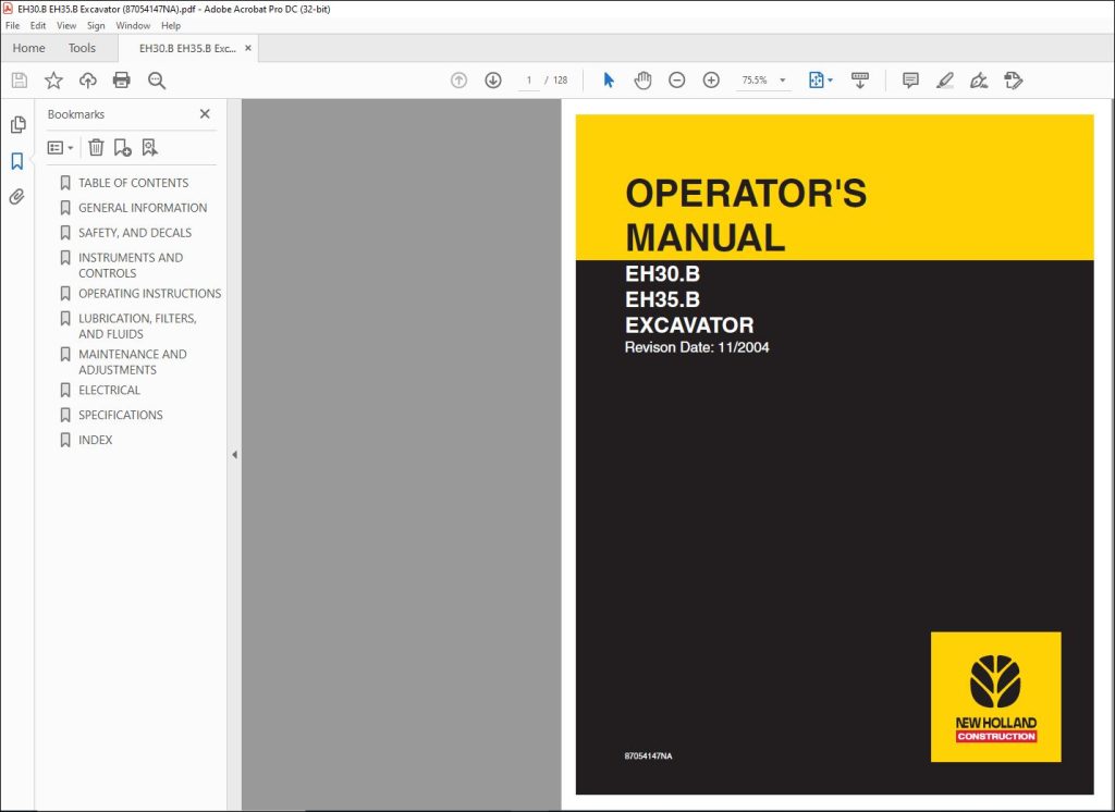 New Holland EH30.B EH35.B Excavators Operator's Manual 87054147 - PDF ...