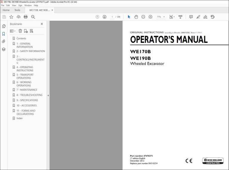 New Holland WE170B WE190B Wheeled Excavator Operator's Manual 47476371 ...