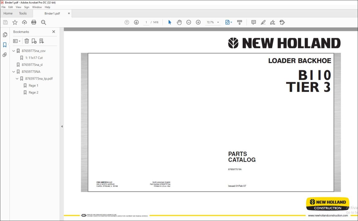 New Holland B110 TIER 3 LOADER BACKHOE PARTS CATALOG Manual 87659775 NA ...