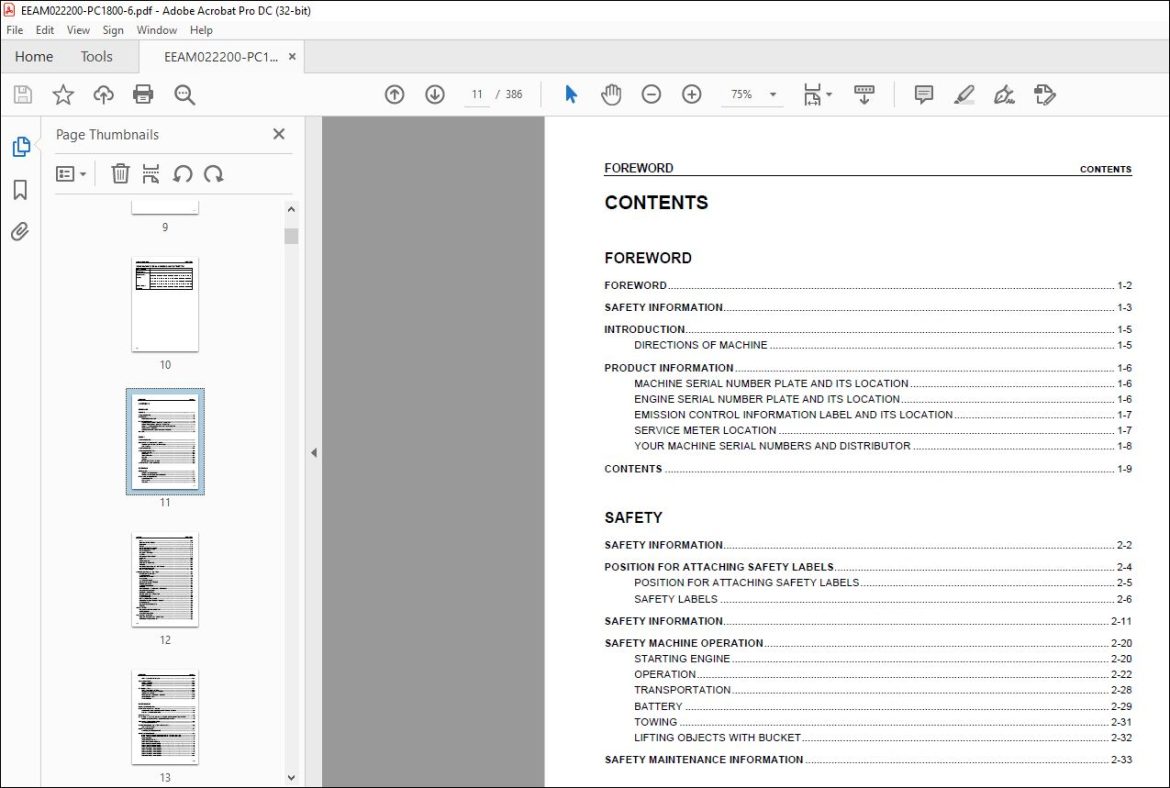 KOMATSU PC1800-6 HYDRAULIC EXCAVATOR OPERATION & MAINTENANCE MANUAL ...