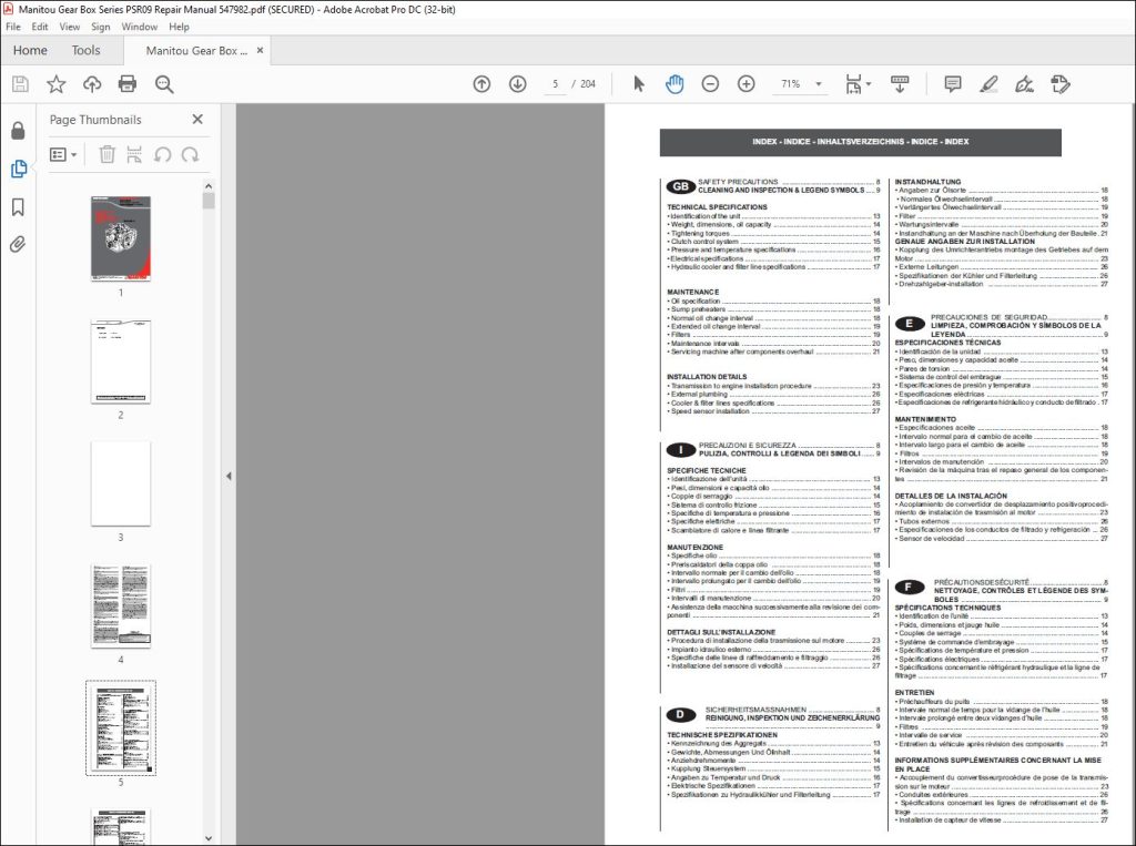 Manitou Gear Box Series Psr09 Repair Manual 547982 - Pdf Download 