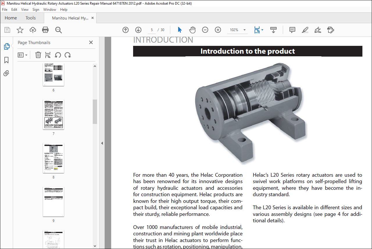 Manitou Helical Hydraulic Rotary Actuators L20 Series Repair Manual ...