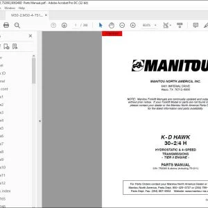 Manitou K-D HAWK 30-2/4 H Hydrostatic & 4-Speed Transmissions Tier II Engine Parts Manual 806340 - PDF DOWNLOAD