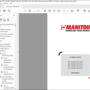 Manitou MRT 1440 EASY 400 ST3B S1 MRT 1640 EASY 400 ST3B S1 MRT 1840 EASY 400 ST3B S1 MRT 1840 EASY 360 ST3B S1 Telehandler Repair Manual 647428EN - PDF DOWNLOAD