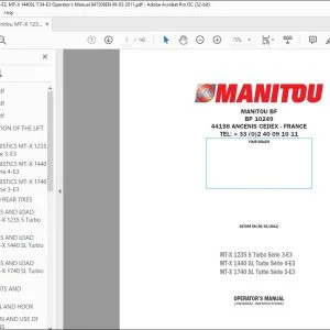 Manitou MT-X 1235 S Turbo Série 3-E3 MT-X 1440 SL Turbo Série 4-E3 MT-X 1740 SL Turbo Série 3-E3 Forklift Truck Operator's Manual 647209 - PDF DOWNLOAD
