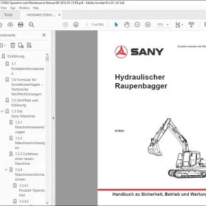 Sany SY80U Hydraulischer Raupenbagger Handbuch zu  Betrieb und Wartung - PDF