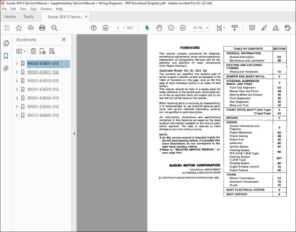 Suzuki SF413 Service Manual + Supplementary Service Manual + Wiring ...
