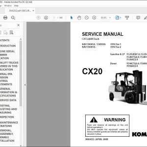 Komatsu CX20 Gasoline & LP FG35/45ST-8 FG35/45BCS-8 FG40ZT(2)-8 FG40/45T(2)-8 FG50AT2-8 Diesel FD40ZT(2)-8 FD40/45T(2)-8 FD50AT2-8 Service Manual SM202 - PDF