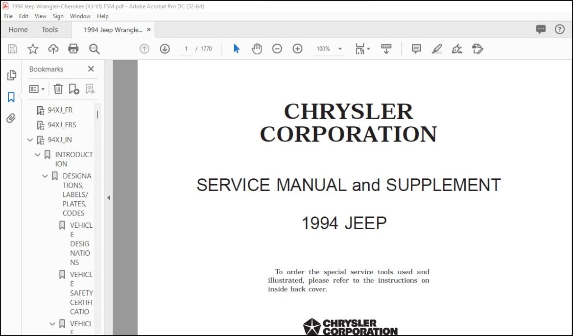 1994 JEEP Wrangler Cherokee XJ-YJ Factory Service Manual - PDF DOWNLOAD ...