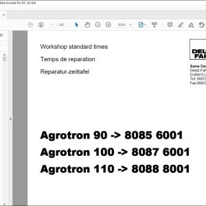Deutz-Fahr Agrotron 90 - 8085 6001 Agrotron 100 - 8087 6001 Agrotron 110 - 8088 8001 Workshop standard times Manual - PDF DOWNLOAD