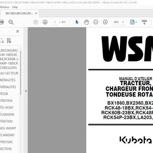 Kubota BX1860 BX2360 BX2660 RCK48-18BX RCK54-23BX RCK60B-23BX RCK48P-18BX RCK54P-23BX MANUEL D’ATELIER - PDF DOWNLOAD (FRENCH)