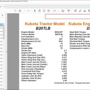 Kubota Tractor B20TLB & Engine D950-DT Specification Manual - PDF DOWNLOAD