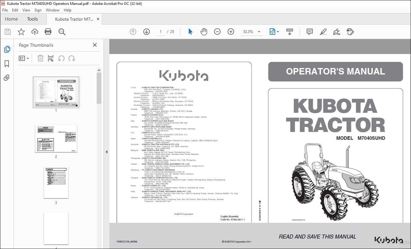 Kubota Tractor M7040SUHD Operators Manual - PDF DOWNLOAD - HeyDownloads ...