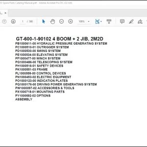 Tadano Crane GT-600-1-90102 4 BOOM + 2 JIB 2M2D Spare Parts Catalog Manual  - PDF DOWNLOAD