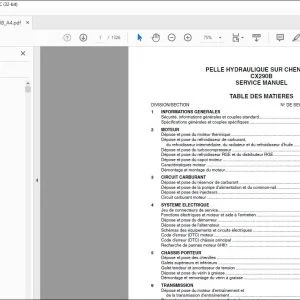 Case PELLE HYDRAULIQUE SUR CHENILLES CX290B SERVICE MANUEL - PDF DOWNLOAD (French)