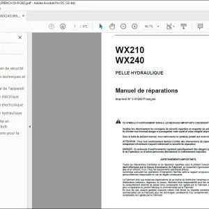Case WX210 WX240 PELLE HYDRAULIQUE Manuel de réparations N° 9-91260 - PDF DOWNLOAD (French)