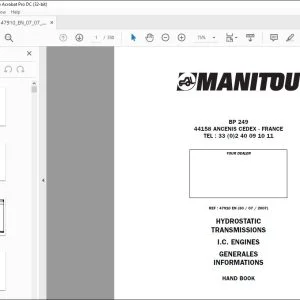 Manitou HYDROSTATIC TRANSMISSIONS I.C. ENGINES GENERALES INFORMATIONS HAND BOOK Manual 47910 - PDF DOWNLOAD