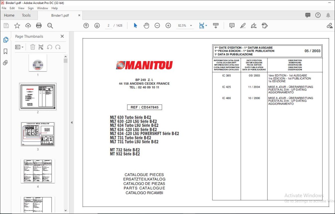 Manitou MLT 630 634 731 MT 732 932 Serie B-E2 Parts Catalogue CD547845 ...