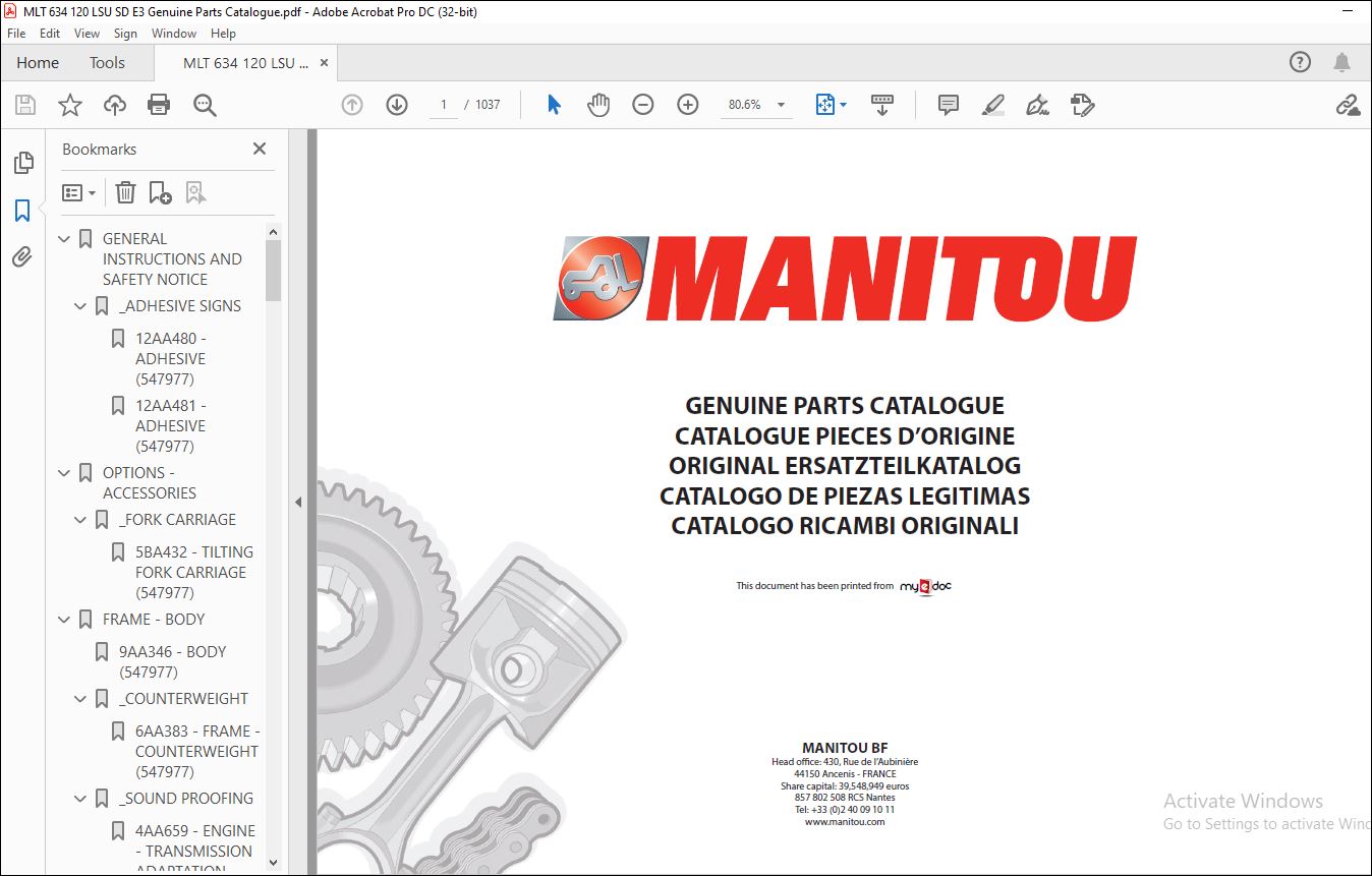 Manitou MLT 634 120 LSU SD E3 Genuine Parts Catalogue Manual PDF