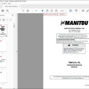 Manitou TMT315 FL Operator & Service Manual 547633S - PDF DOWNLOAD