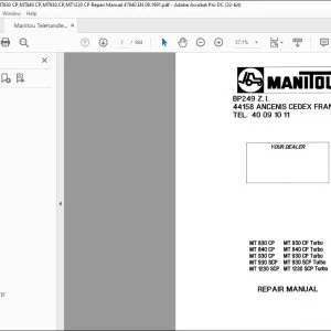 Manitou Telehandler MT830 CP,MT840 CP,MT930 CP,MT1230 CP Repair Manual 47940 EN - PDF DOWNLOAD