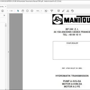 Manitou Telehandler PUMP A 4VG-DA MOTOR A 6VM-DA MOTOR A 2 FE BP 249 Hydrostatic Transmission Manual 47981 - PDF DOWNLOAD
