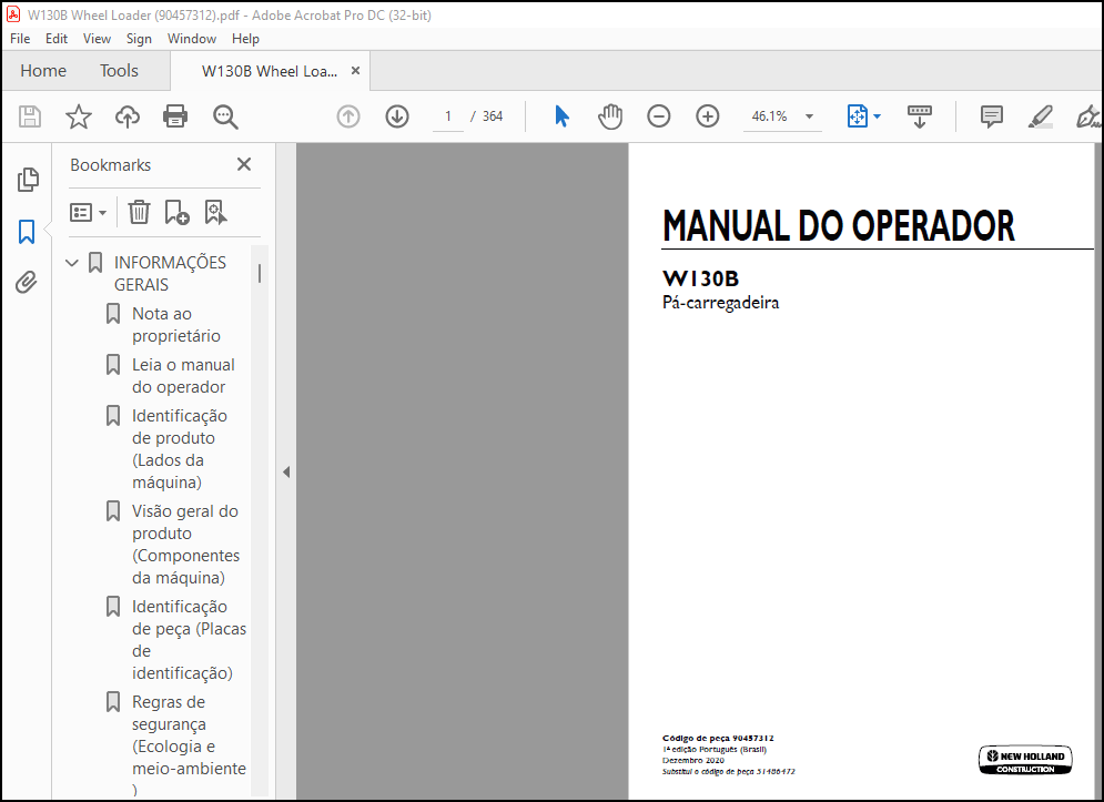 NEW HOLLAND W130B Pá-carregadeira MANUAL DO OPERADOR 90457312 - PDF ...