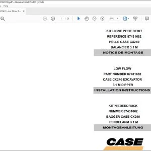CASE LOW FLOW CX240 EXCAVATOR 3.1 M DIPPER INSTALLATION INSTRUCTIONS MANUAL 87432112 - PDF DOWNLOAD