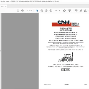 CNH Backhoe Loader - 47433723 2WS Without Lock Valve - 4742 580ST, 590ST, 695ST, B100BTC, B110CTC, B115C  INSTALLATION INSTRUCTIONS Manual 47510506 - PDF DOWNLOAD