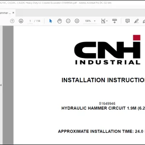 CNH Hydraulic Hammer Circuit 1.9M (6.2 FT) - CX210C, CX220C, CX220C Heavy Duty LC Crawler Excavator Installation Instructions Manual(51649954)_EN_FR_IT_ES_DE - PDF DOWNLOAD