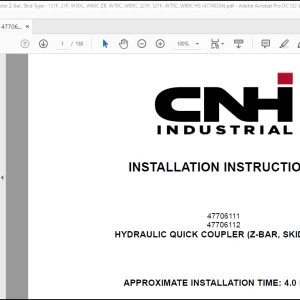 CNH Wheel Loader 121F, 21F, W50C, W60C ZB, W70C, W80C, 221F, 321F, W70C, W80C HSHydraulic Quick Coupler Z-Bar, Skid Type Installation Instructions Manual(47740334)-PDF DOWNLOAD