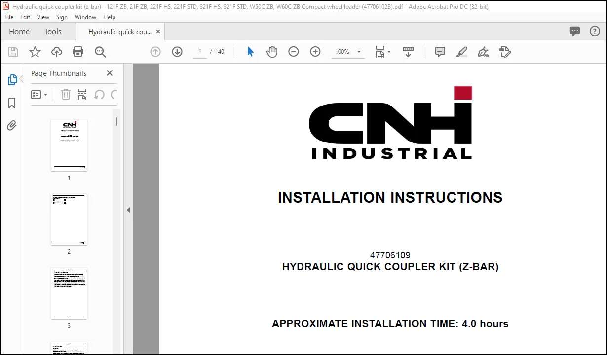 CNH Wheel Loader 121F ZB 21F ZB 221F HS 221F STD 321F HS 321F STD W50C ZB W60C ZB W70C W70C HS W80C W80C HS HYDRAULIC QUICK COUPLER KIT (Z-BAR) Installation Instructions Manual(47706102B) - PDF DOWNLOAD - Image 2