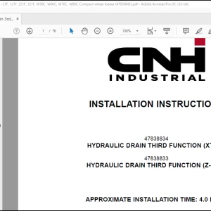 CNH Wheel Loader 21F, 121F, 221F, 321F, W50C, W60C, W70C, W80C Hydraulic drain 3rd function (XT-TC), (Z-Bar) Installation Instructions Manual(47838843) -  PDF DOWNLOAD