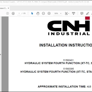 CNH wheel Loader 121F XT, 21F XT, W50C TC, W60C Hydraulic System Fourth Function (XT-TC, Skid, Standard Coupler) INSTALLATION INSTRUCTIONS MANUAL(51561015) - PDF DOWNLOAD