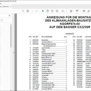 Case ANWEISUNG FÜR DIE MONTAGE DES KLIMAANLAGEN-BAUSATZES KGORP874-00 AUF DEM BAGGER CX225SR - PDF DOWNLOAD (German)