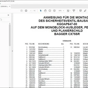 Case ANWEISUNG FÜR DIE MONTAGE DES SICHERHEITSVENTIL-BAUSATZES KGOAP647-00 AUF DEM MONOBLOCK-AUSLEGER, PENDELARM UND PLANIERSCHILD BAGGER CX75SR - PDF DOWNLOAD (German)