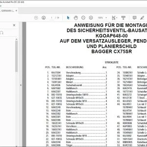 Case ANWEISUNG FÜR DIE MONTAGE DES SICHERHEITSVENTIL-BAUSATZES KGOAP648-00 AUF DEM VERSATZAUSLEGER, PENDELARM UND PLANIERSCHILD BAGGER CX75SR - PDF DOWNLOAD (German)