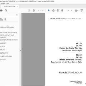 Case SR250 SV300 Kompaktlader Baureihe Alpha TR320 TV380 Motor der Stufe Tier 4A Baggerlader mit schmaler Spur Baureihe Alpha BETRIEBSHANDBUCH 47685129 - PDF DOWNLOAD (German)