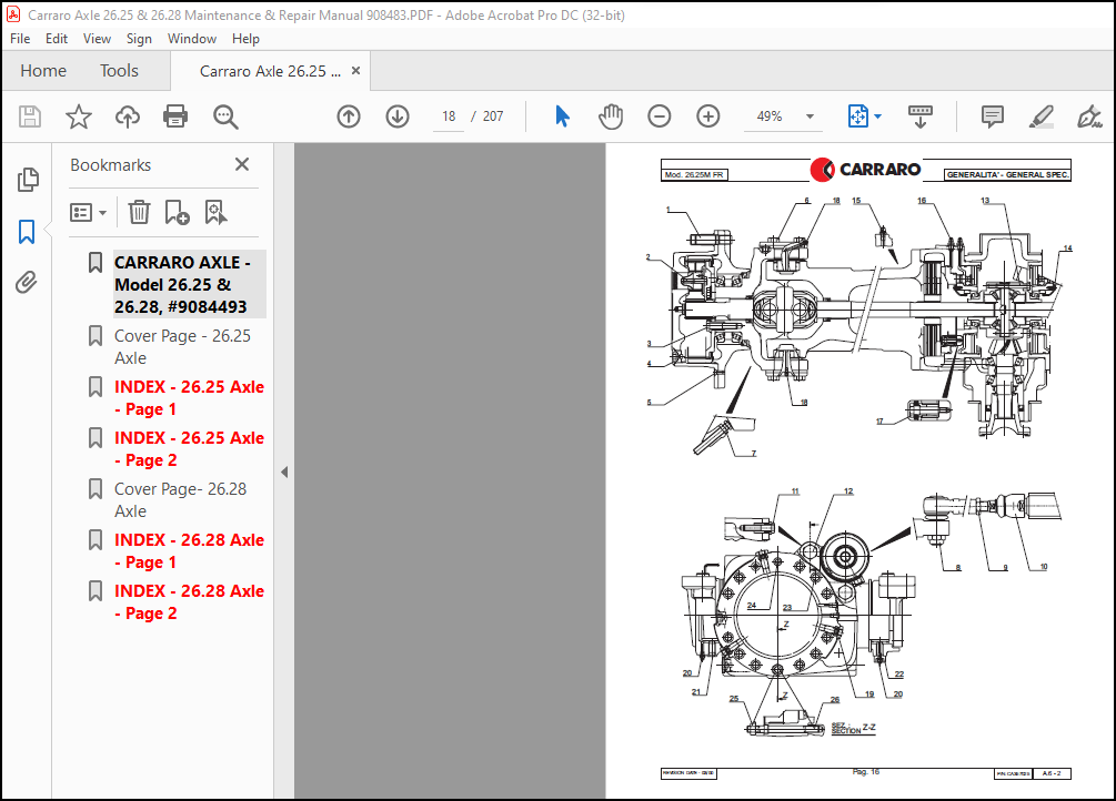 Carraro Axle 26.25 & 26.28 Maintenance & Repair Manual 908483 PDF