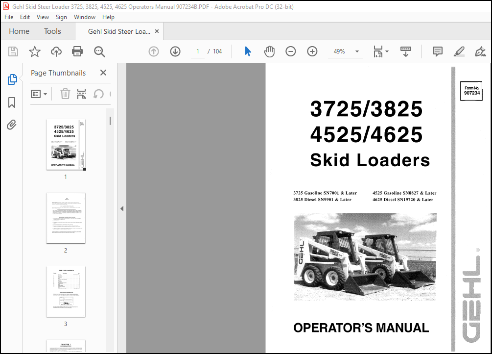 Gehl 3725 3825 4525 4625 Skid Loader Operator's Manual 907234 PDF