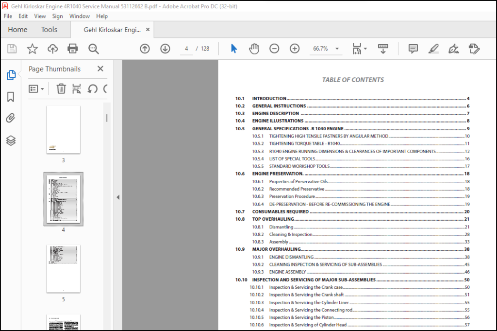 Gehl Kirloskar Engine 4R1040 Service Manual 53112662B - PDF DOWNLOAD ...