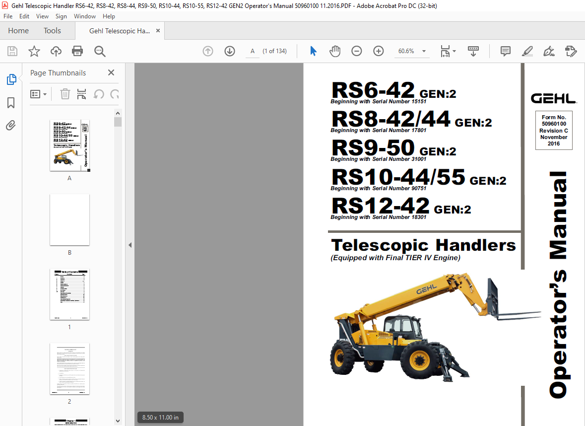 Gehl RS642 GEN2 RS842 44 GEN2 RS950 GEN2 RS1044 55 GEN2 RS1242