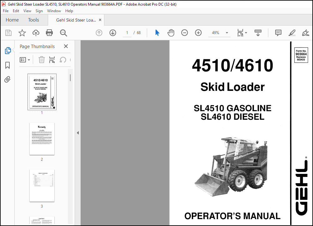 Gehl SL4510 GASOLINE SL4610 DIESEL Skid Loader Operator's Manual 903664